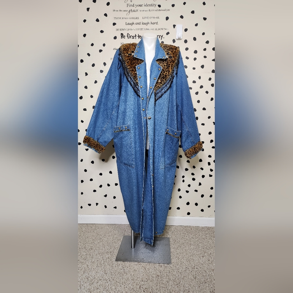 Vintage Denim Coat with Leopard Trim
